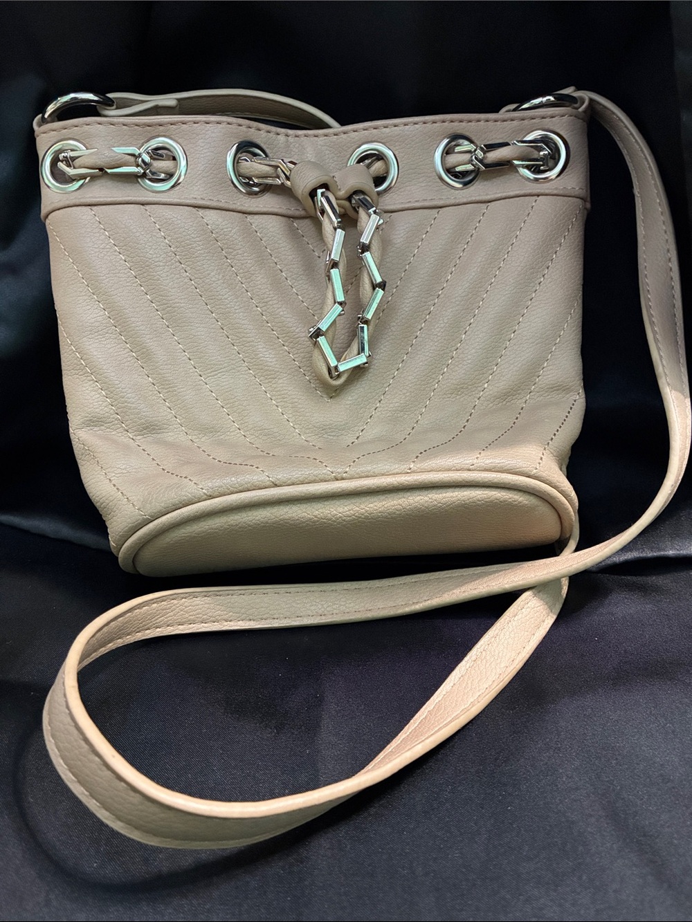 Free People Beige Quilted Leather Drawstring Crossbody